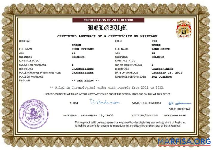 Printable Belgium marriage certificate Word and PDF template